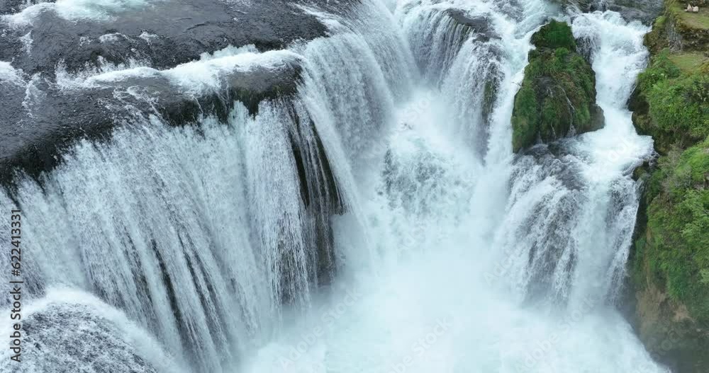 aerial shot of wild river with huge waterfall aerial shot of wild river with huge waterfall