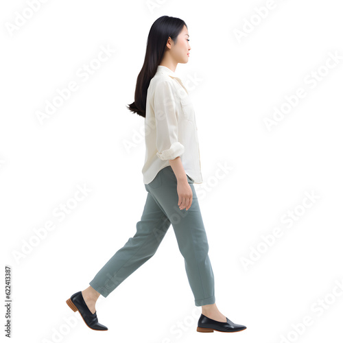 Asian woman/girl walking in comfort outfit. Full body isolated on transparent background. Dicut, People, PNG