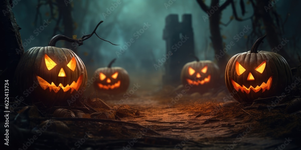 Halloween Pumpkins On Wood In A Spooky Forest At Night, generative ai Halloween Pumpkins On Wood In A Spooky Forest At Night, generative ai