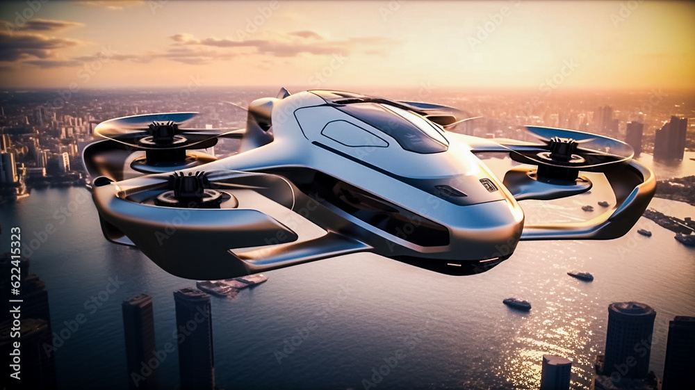 Transport du futur - Navette autonome - Taxi volant au dessus de la ville - Générative IA