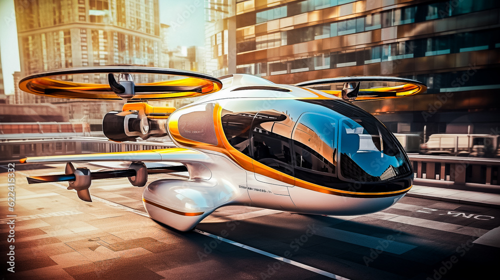 Fototapeta premium Transport du futur - Navette autonome - Taxi volant au dessus de la ville - Générative IA
