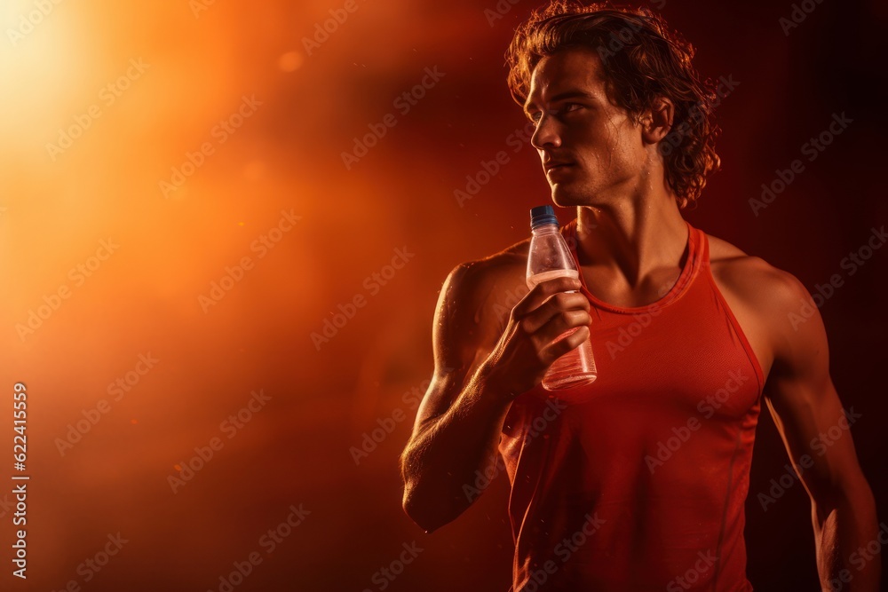 a photo of a white male gym athlete drinking cold isotonic sports water