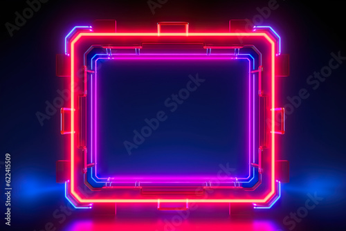 A neon frame in the middle of a dark room. Generative AI.