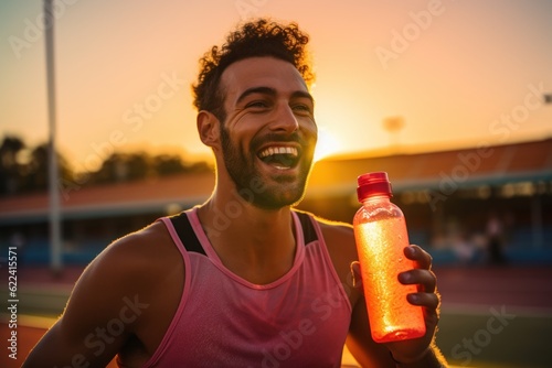 Valokuva a photo of a latino male sprinter athlete on a track holding in his hand and drinking cold isotonic sports water drink