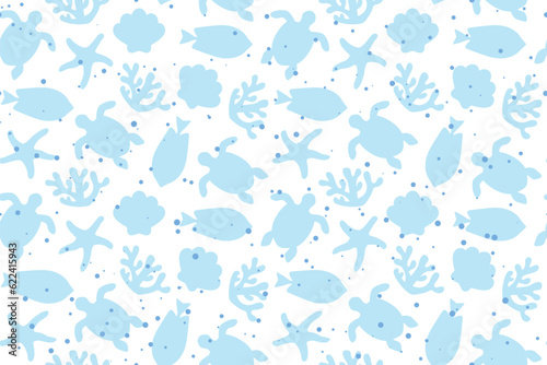 sea life seamless blue pattern; summer background- vector illustration