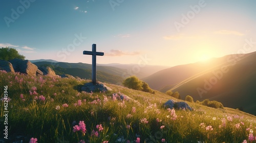 Canvastavla Cristian cross on top of a green hill at sunset