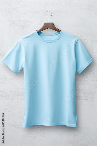 Plain light blue color mockup on neutral background. Crowneck tshirt for your design, front view. Generative AI.