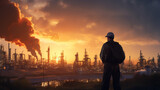 Worker facing factories in the distance at sunset
