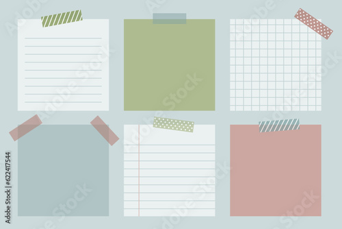 Set of various square note papers with adhesive tape.