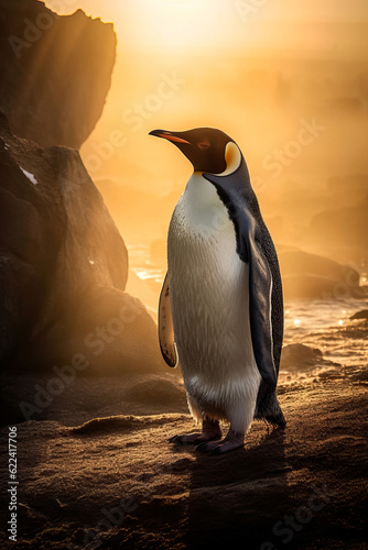 Stunning image of a Penguin on ice in the Antarctica at sunset. Amazing Wildlife. Generative Ai