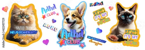 Adhd quotes with animals. Cats, dogs, neurographic . Horizontally banner. Cartoons, icons, stickers.