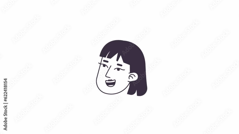 Cheerful woman with neck length haircut line 2D avatar icon animation. Happy girl flat linear cartoon 4K video, alpha channel. Young adult animated person facial expression on white background