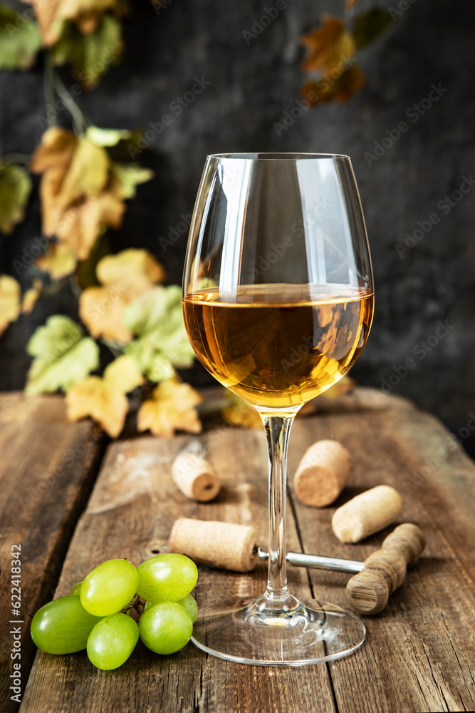 Glass of dry wine and ripe grape with grapevine Glass of dry wine and ripe grape with grapevine