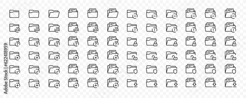 Set of line icons with editable stroke of folders. Vector open and closed folders with documents and cloud, padlock, shield, checkmark, upload symbol