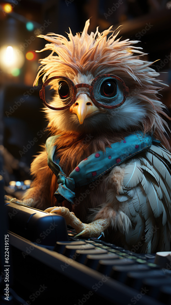 An owl with glasses sitting on a keyboard. Generative AI.