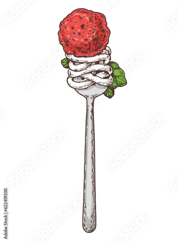 Italian pasta with meatball on a fork. Hand drawn vector illustration. Italian food. Spaghetti pasta on a fork sketch. Design element.