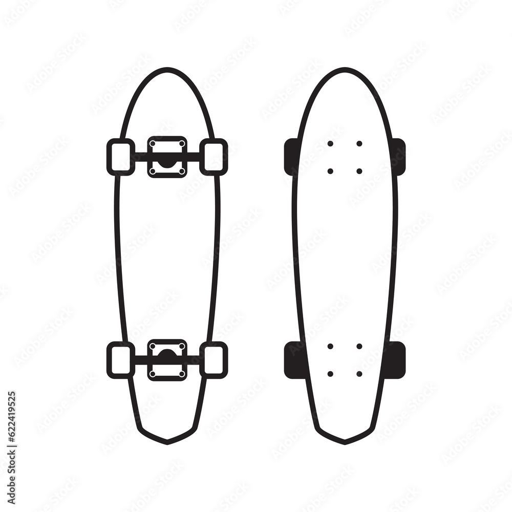 Old School Deck icon, Skateboard icon in line art style isolated on white background. Top and side view. Vector illustration. Old School Deck icon, Skateboard icon in line art style isolated on white background. Top and side view. Vector illustration.