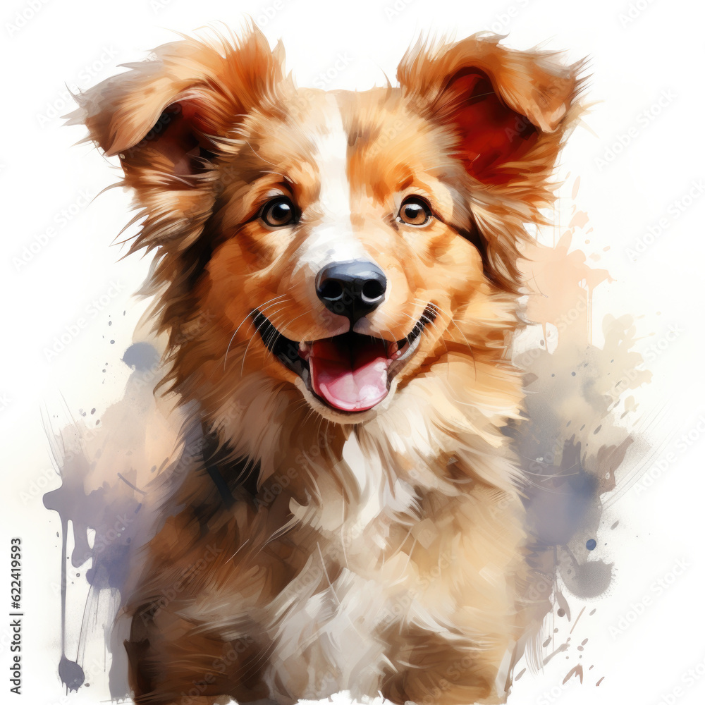 A painting of a brown and white dog. Generative AI.