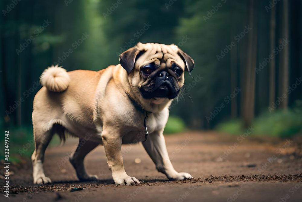 A pug dog on a dirt road with a green background