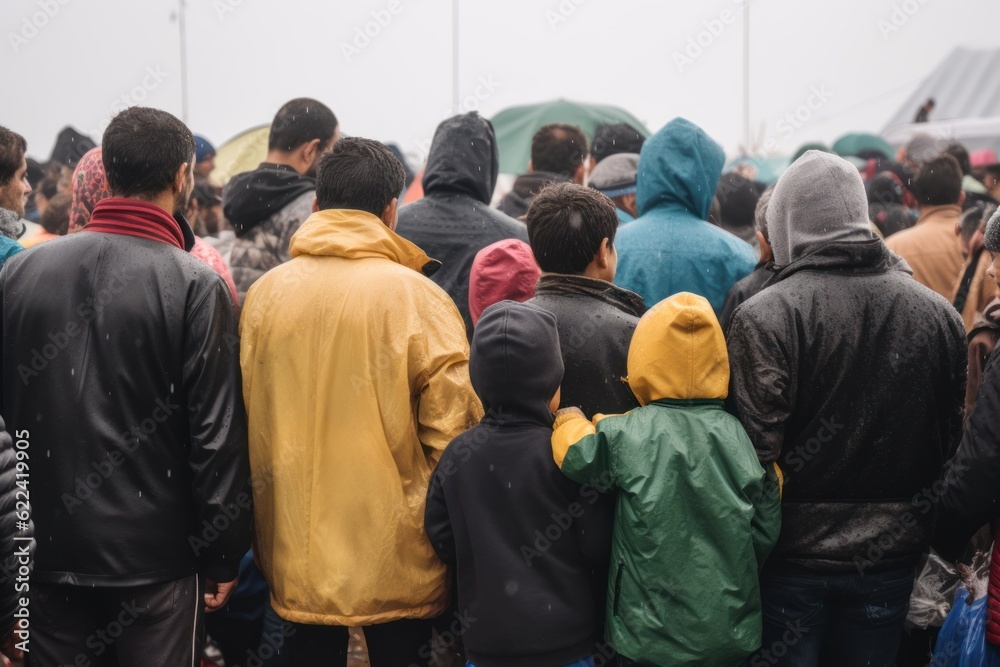 Fototapeta premium Crowd of homeless refugees view from the back with staff and children. Refugees and economy crisis.