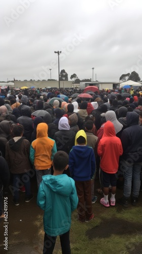 Crowd of homeless refugees view from the back with staff and children. Refugees and economy crisis.