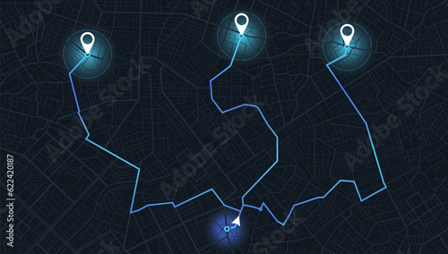 GPS navigator screen with street roads and location, destination points City top view, for application and animation. Vector, illustration isolated. Urban highway plan, final destination