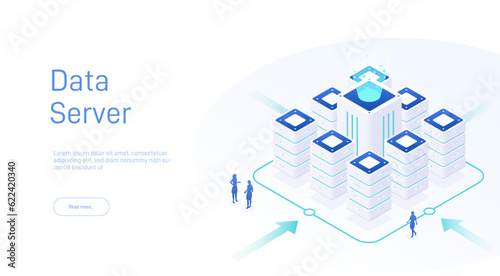 Data server isometric. 3d datacenter or data center room background. Data storage concept. Network or mainframe infrastructure site header layout. Computer storage or workstation.