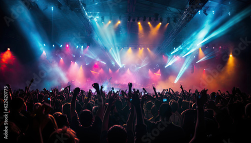  An electrifying concert scene captured from the perspective of the audience, showcasing a packed medium - sized venue with a stage illuminated by bright lights.