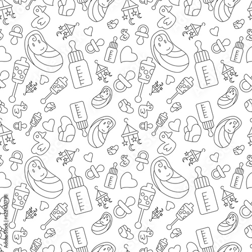 doodle line babies and baby items seamless pattern on white background. vector abstract illustration.