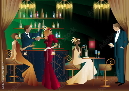 People have fun, sit and drink, retro party. Happy friends, people on a party vector concept. bartender standing at the bar