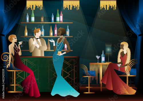 People have fun, sit and drink, retro party. Happy friends, people on a party vector concept. bartender standing at the bar