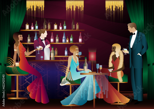People have fun, sit and drink, retro party. Happy friends, people on a party vector concept. bartender standing at the bar