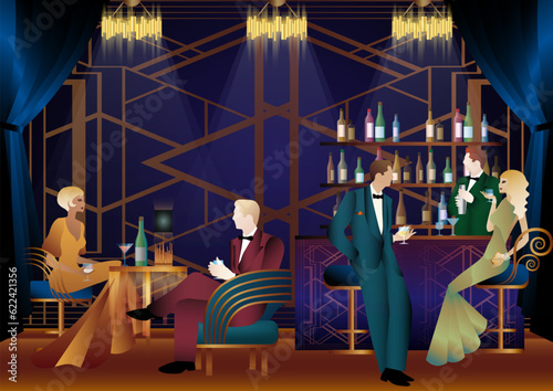 People have fun, sit and drink, retro party. Happy friends, people on a party vector concept. bartender standing at the bar