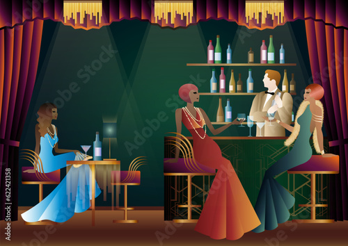 People have fun, sit and drink, retro party. Happy friends, people on a party vector concept. bartender standing at the bar