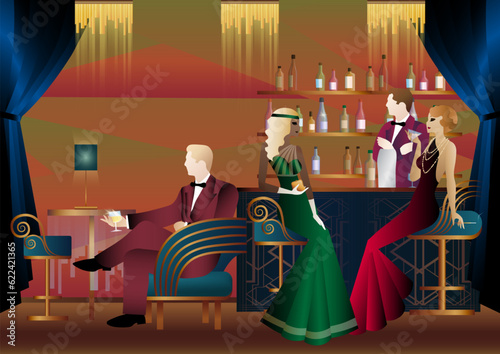 People have fun, sit and drink, retro party. Happy friends, people on a party vector concept. bartender standing at the bar