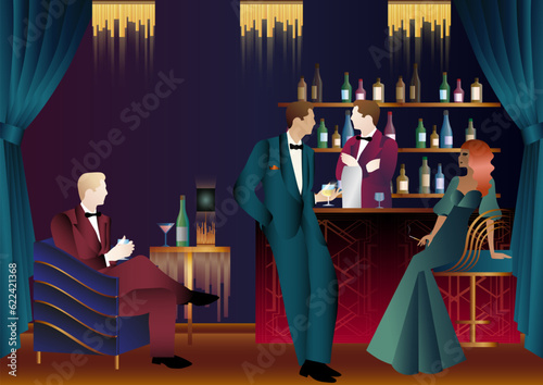 People have fun, sit and drink, retro party. Happy friends, people on a party vector concept. bartender standing at the bar