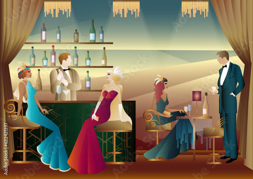 People have fun, sit and drink, retro party. Happy friends, people on a party vector concept. bartender standing at the bar