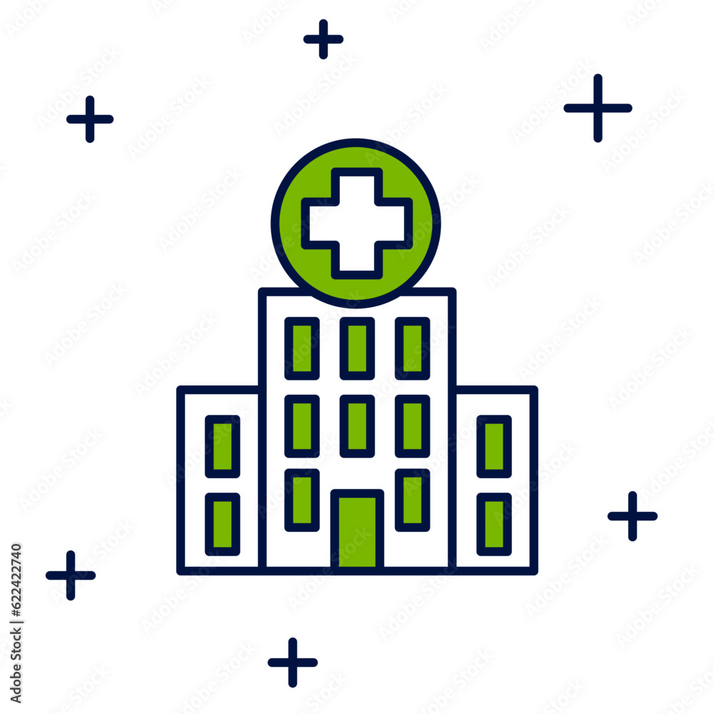 Obraz premium Filled outline Medical hospital building with cross icon isolated on white background. Medical center. Health care. Vector