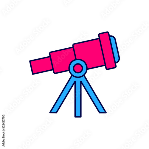 Filled outline Telescope icon isolated on white background. Scientific tool. Education and astronomy element, spyglass and study stars. Vector