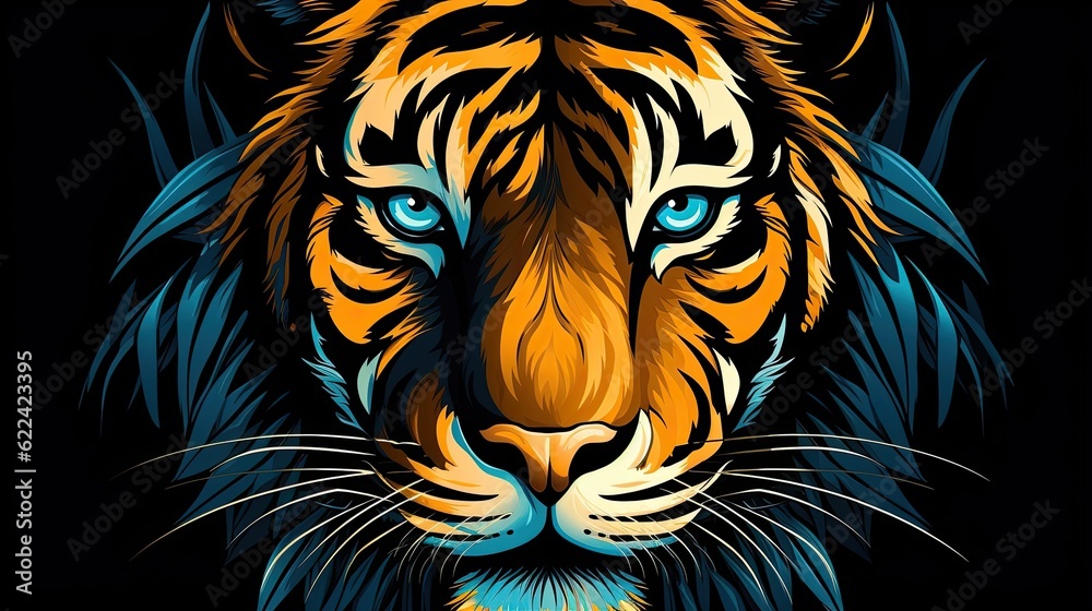 A tiger's face in close up against black background. (Illustration, Generative AI)