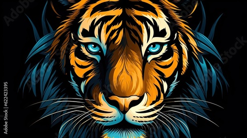 A tiger's face in close up against black background. (Illustration, Generative AI)