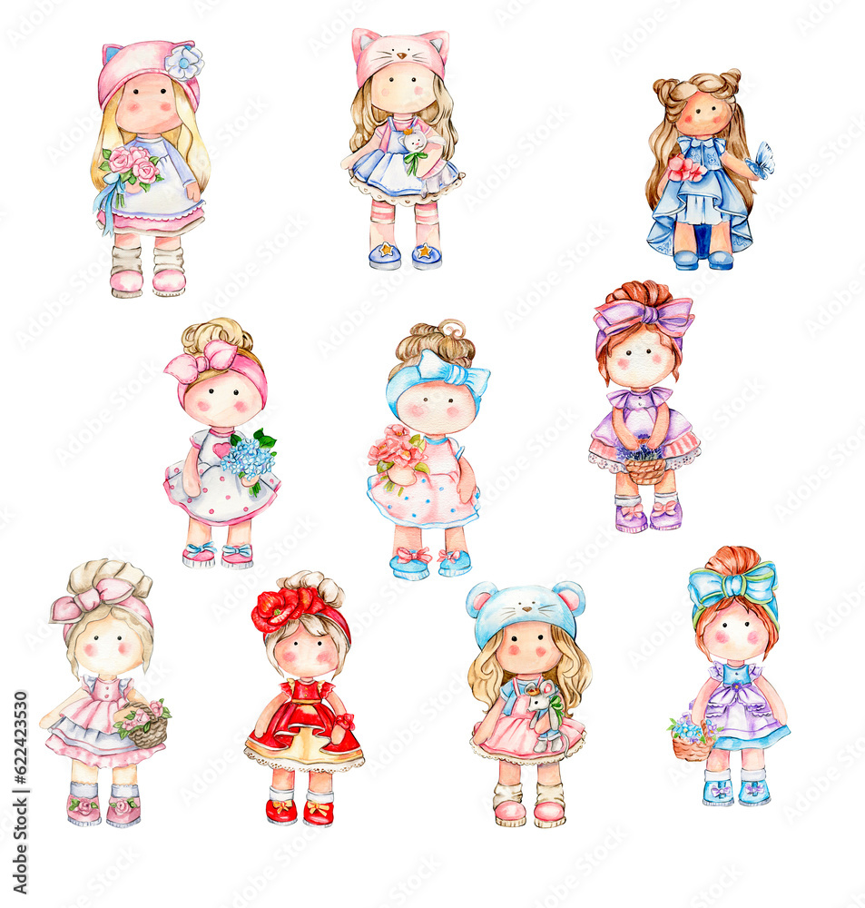 Watercolor hand drawn cute doll Tilda in dress set. Hand drawn illustration isolated on white. Designf for baby shower party, birthday, cake, holiday celebration design, greetings card,invitation. Watercolor hand drawn cute doll Tilda in dress set. Hand drawn illustration isolated on white. Designf for baby shower party, birthday, cake, holiday celebration design, greetings card,invitation.