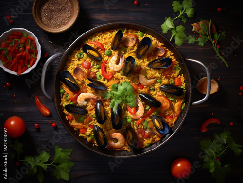 Top view of traditional Spanish seafood paella rice dish in a pot, dark background, ai generated