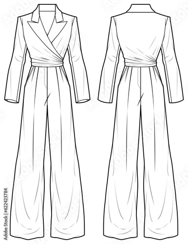 Notch lapel jumpsuit design flat sketch fashion illustration with front and back view, long sleeve overall jumpsuit wraparound blazer dress with wide leg pant drawing vector template.