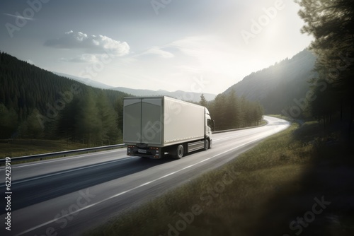 truck on the road, Photographic CGI of a White Drone Carrying a Package, Speeding Over a Highway with Trucks, Connecting Urban and Rural Landscapes Amidst a Summer Forest