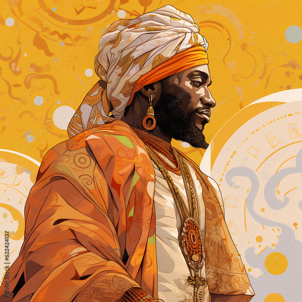 Fototapeta premium Hausa Deity: Majestic Turbaned Divinity Adorned in Beaded Attire