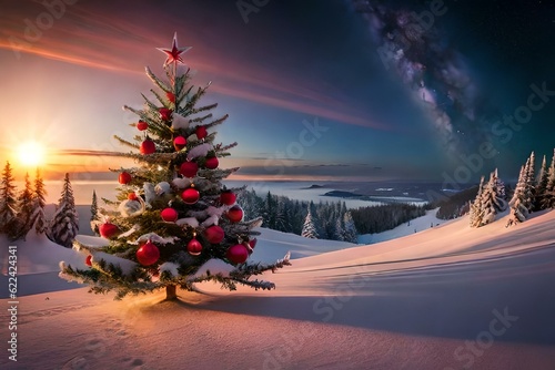 Christmas tree in the snow with dark cloudy sky