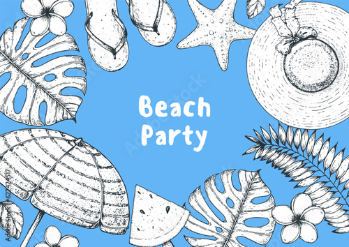 Summer frame. Hand drawn vector illustration. Hand drawing sketch elements. Summer sketch collection. Hand drawn palm leaves, flip flops, starfish, watermelon ice cream, umbrella