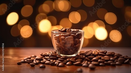 Coffee beans in a glass cup on a wooden table with bokeh background