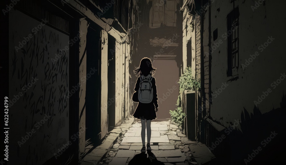 Girl walking alone in a dark alleyway. genarative AI. - obrazy, fototapety, plakaty 
